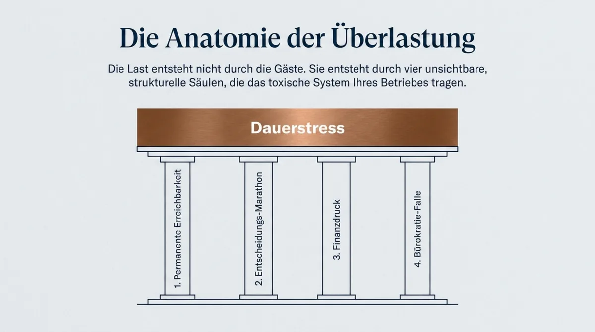 Infografik: Die vier strukturellen Säulen des Dauerstresses in der Gastronomie – permanente Erreichbarkeit, Entscheidungen, Finanzdruck und Bürokratie