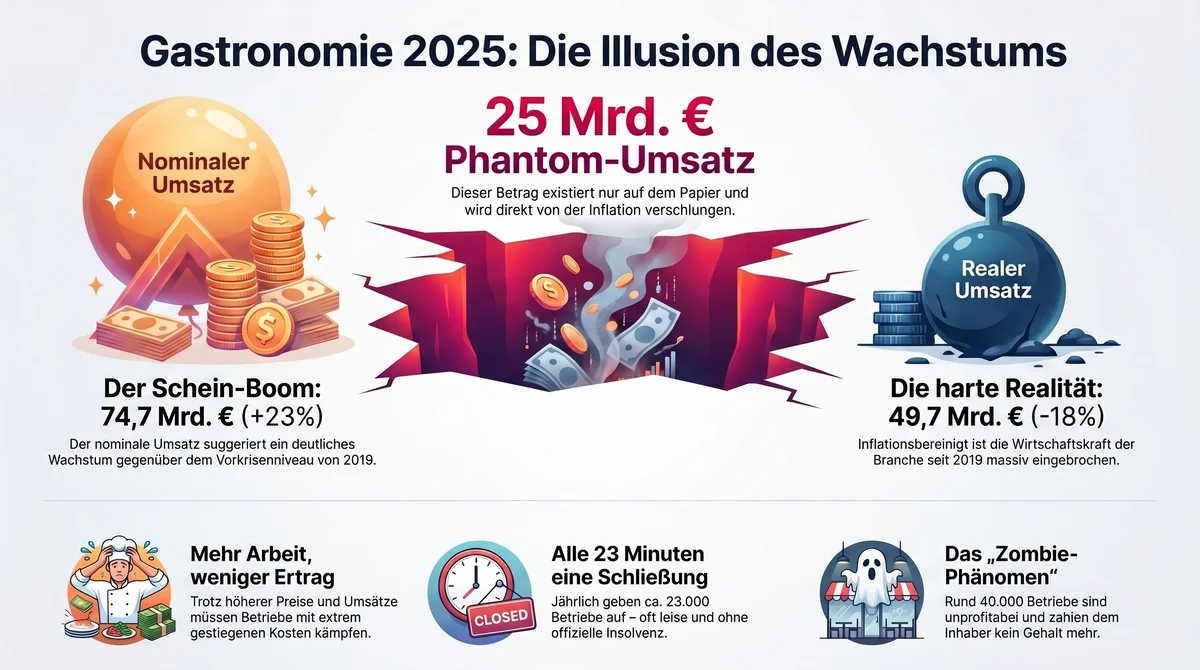 Gastronomie 2025 die Illusion des Wachstums: Nominaler Umsatz 74,7 Mrd. Euro vs. realer Umsatz 49,7 Mrd. Euro – 25 Milliarden Phantom-Umsatz