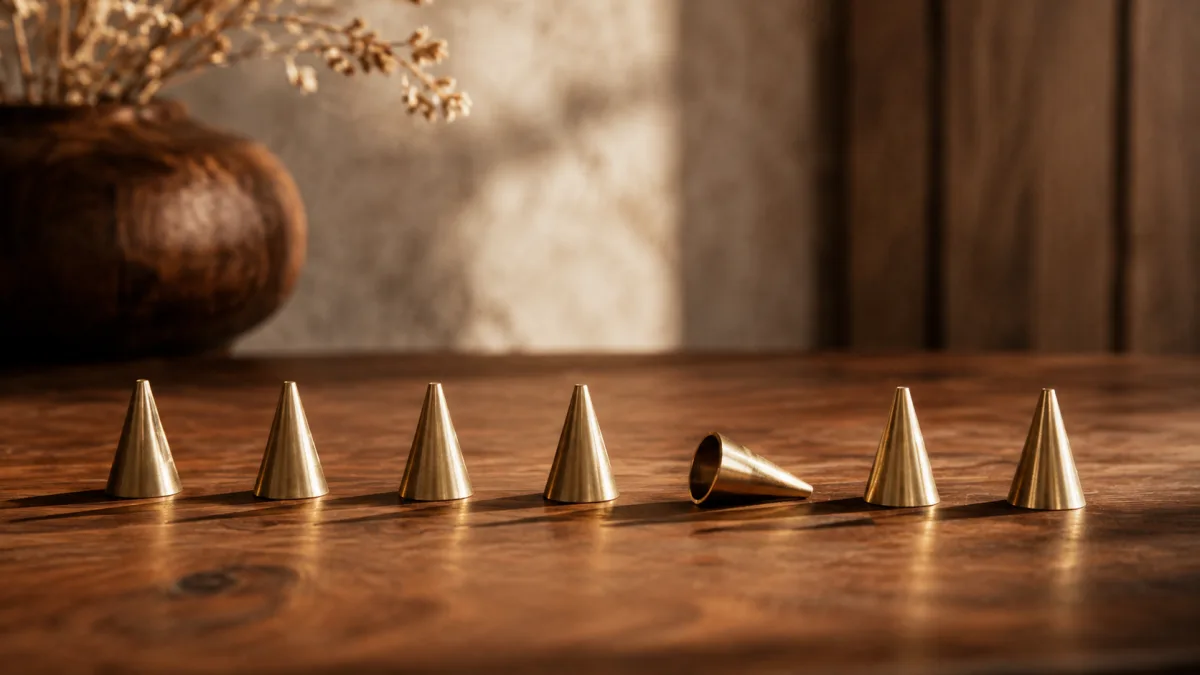Sieben Messingkegel mit einem umgekippten Element symbolisieren die häufigsten Fehler beim Umsatzsteigern in der Gastronomie