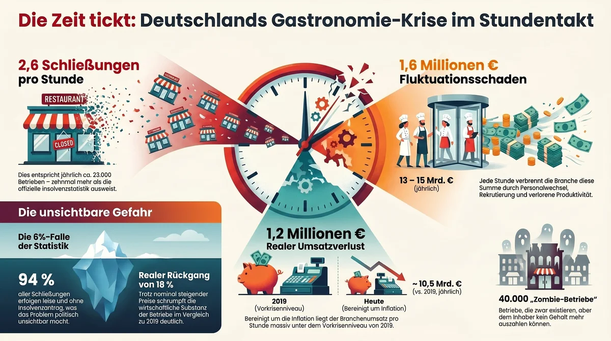 Was die deutsche Gastronomie jede Stunde verliert: 2,6 Schließungen, 1,6 Mio. Euro Fluktuationsschaden, 1,2 Mio. Euro Umsatzverlust