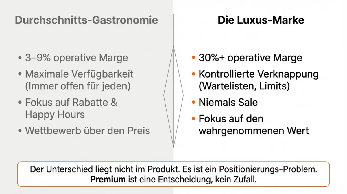Vergleich Durchschnitts-Gastronomie mit 3-9% Marge versus Luxusmarke mit 30%+ operativer Marge