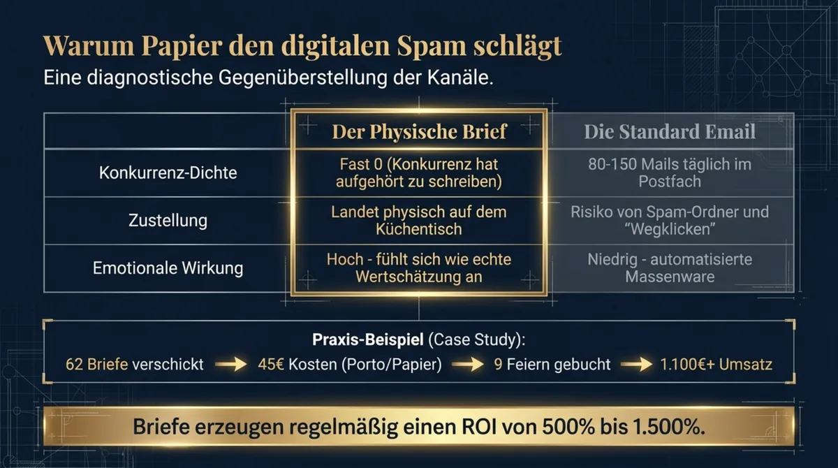 Warum Papier den digitalen Spam schlägt: Vergleichstabelle Brief vs. Email – ROI 500 bis 1.500 Prozent