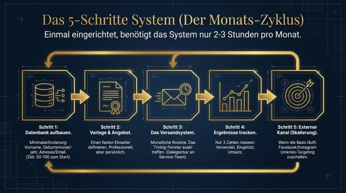 Das 5-Schritte Geburtstags-System: Datenbank, Vorlage, Versandsystem, Tracking, externer Kanal