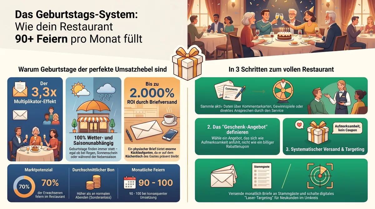 Das Geburtstags-System Restaurant – Infografik: 3,3x Multiplikator, 2.000% ROI, 90-100 Feiern pro Monat