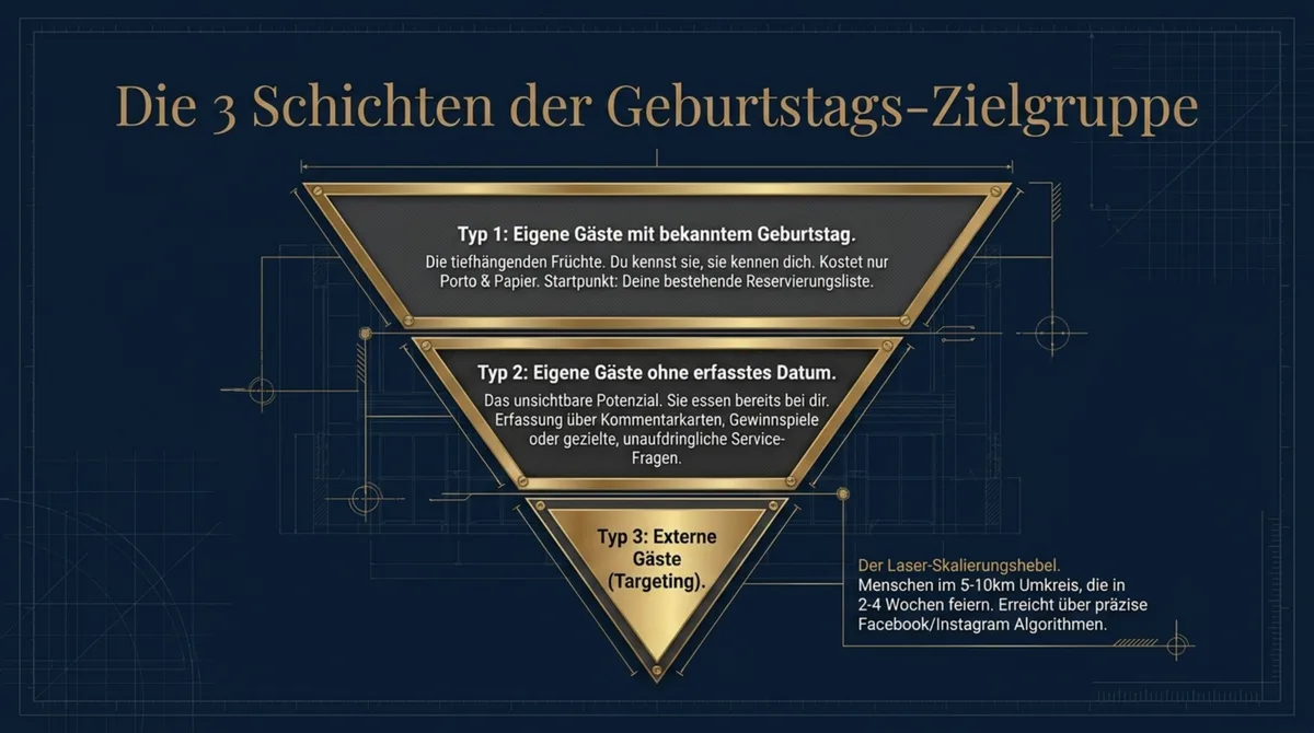 Die 3 Schichten der Geburtstags-Zielgruppe: eigene Gäste mit Datum, eigene Gäste ohne Datum, externe Gäste über Targeting