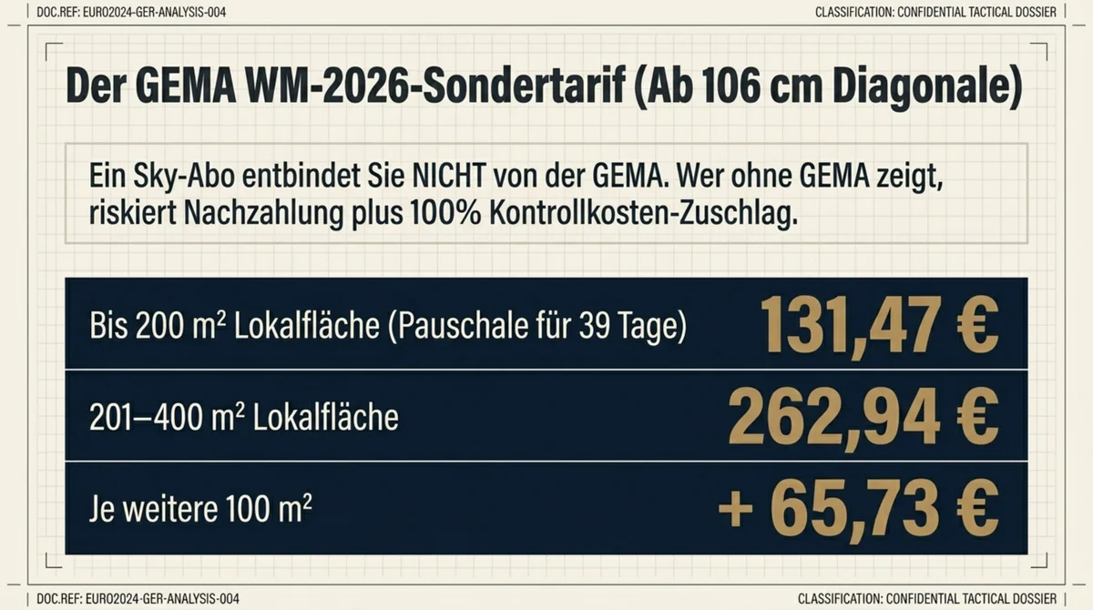 GEMA WM 2026 Sondertarif Restaurant ab 106 cm Bildschirm-Diagonale: 131,47 Euro bis 200 Quadratmeter, 262,94 Euro bis 400 Quadratmeter