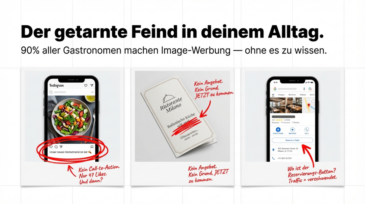 Der getarnte Feind: Instagram ohne CTA, Flyer ohne Angebot, Google-Profil ohne Reservierungsbutton — 90 Prozent machen Image-Werbung ohne es zu wissen