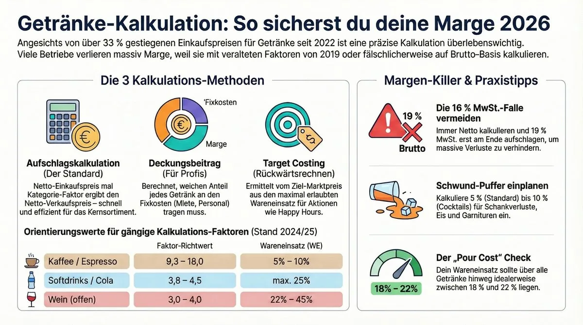 Getränke-Kalkulation Methoden Vergleich Infografik – Aufschlag, Deckungsbeitrag und Target Costing mit Kalkulations-Faktoren