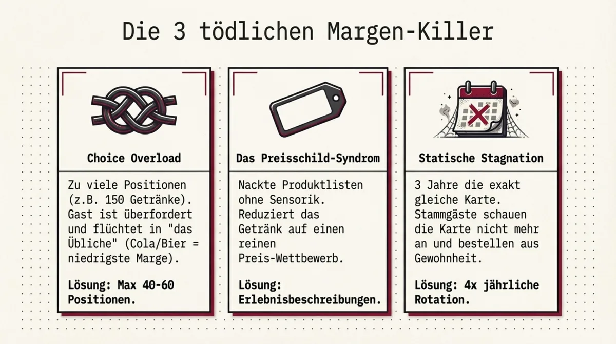 Die 3 tödlichen Margen-Killer auf Getränkekarten: Choice Overload, Preisschild-Syndrom und Statische Stagnation