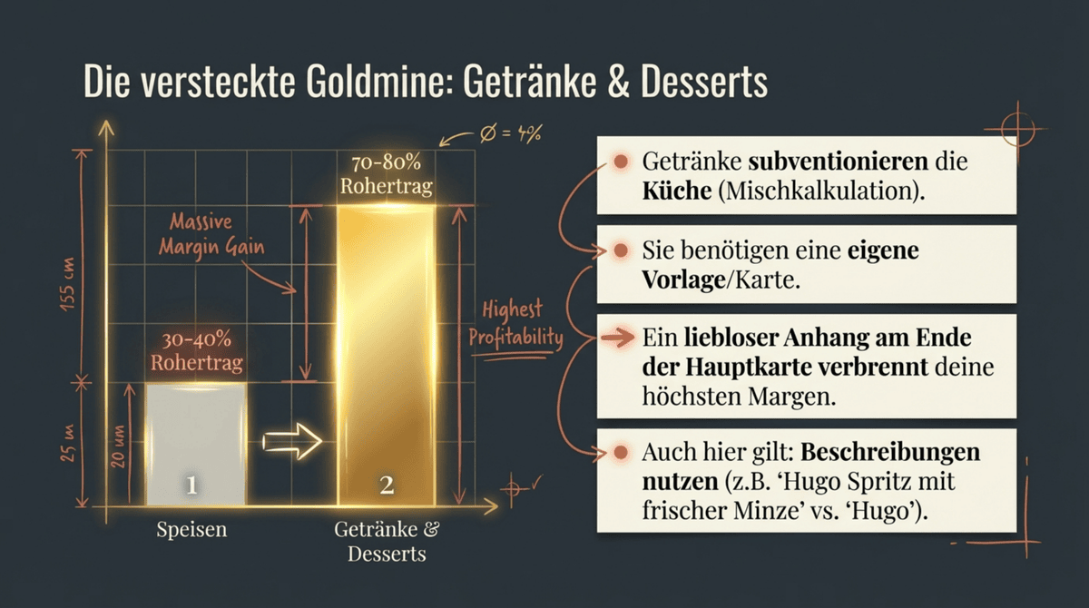 Die versteckte Goldmine: Getränke und Desserts haben 70-80 Prozent Rohertrag – sie brauchen eine eigene optimierte Vorlage