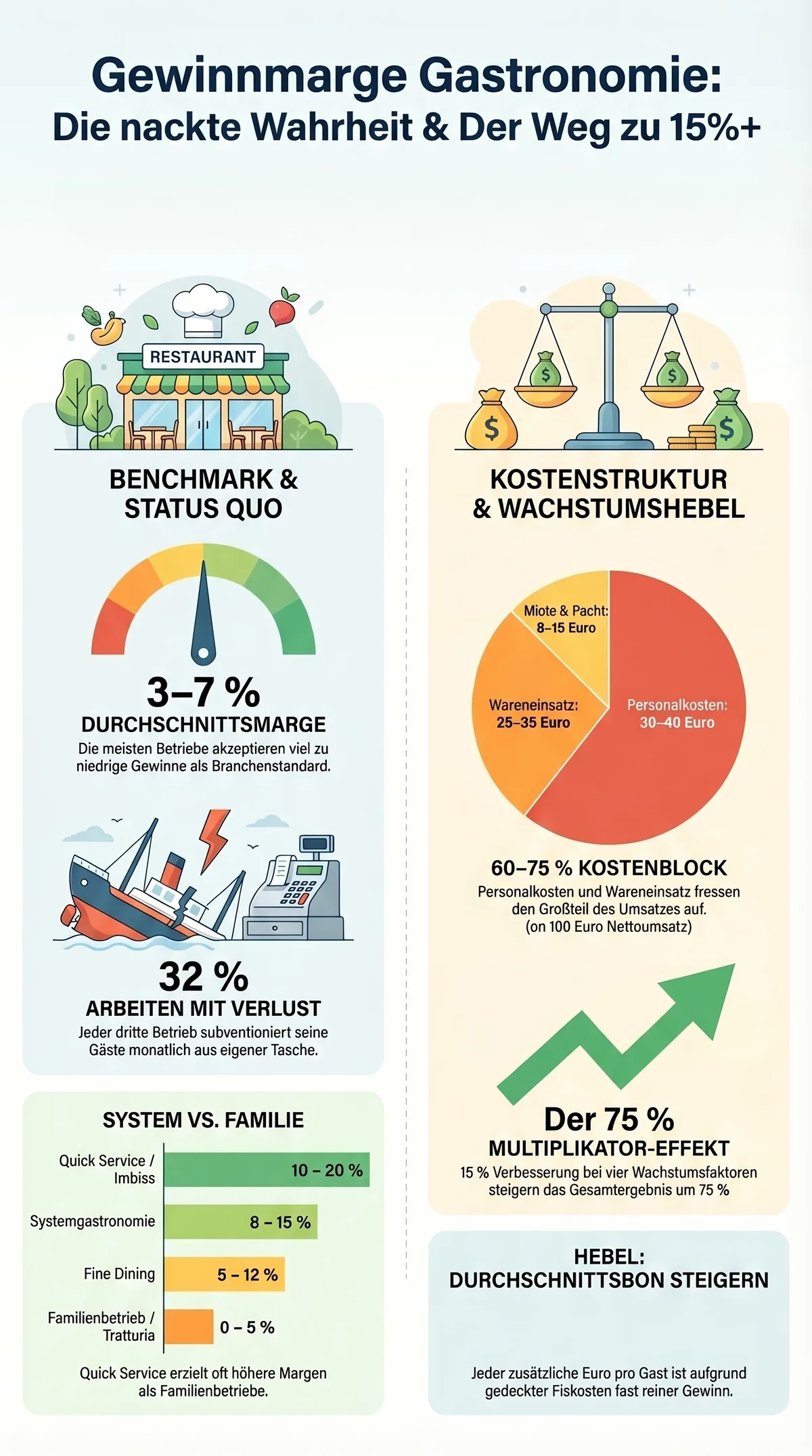 Gewinnmarge Gastronomie Infografik – Benchmarks, Kostenstruktur und Wachstumshebel im Überblick