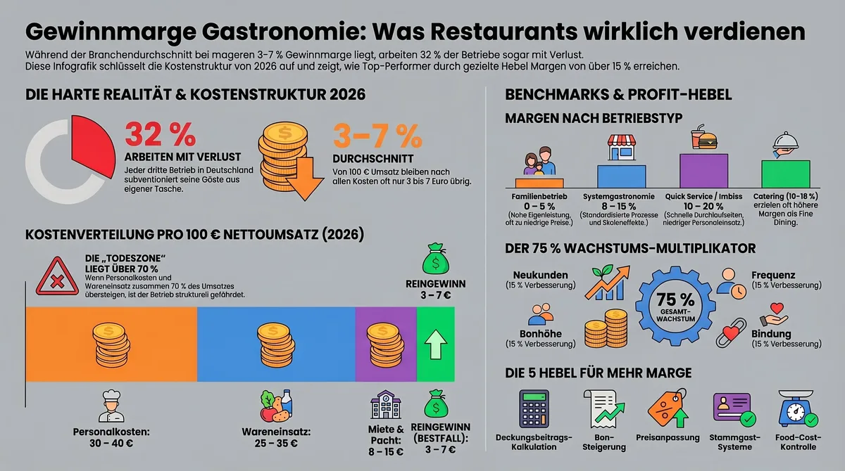 Gewinnmarge Gastronomie Infografik – Was Restaurants wirklich verdienen, Kostenverteilung und Profit-Hebel 2026