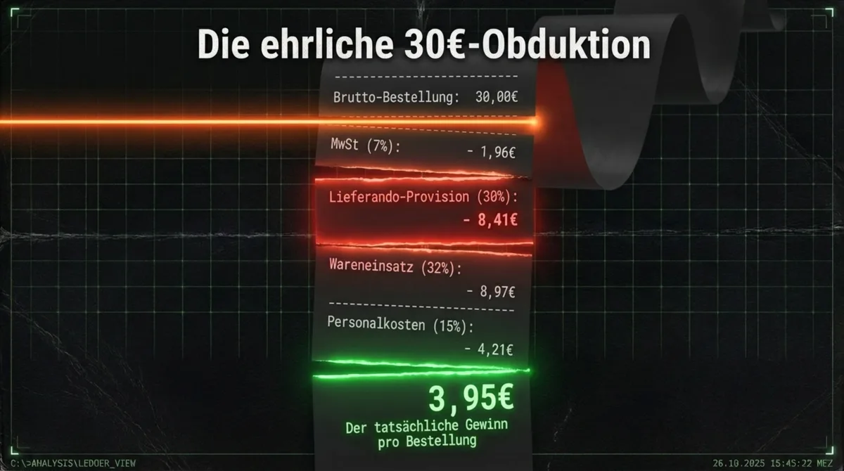 Gewinnkalkulation einer 30-Euro-Lieferando-Bestellung für eine Ghost Kitchen – nur 3,95 Euro bleiben als Gewinn übrig