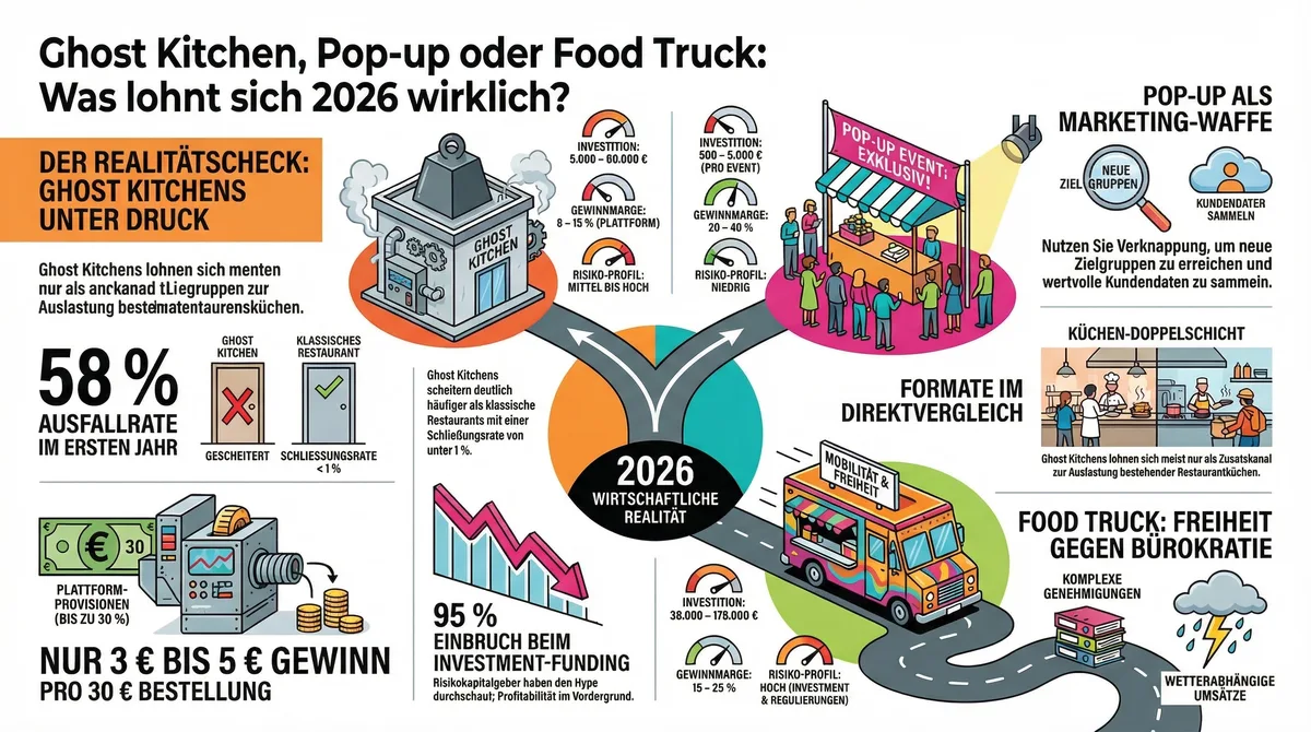 Ghost Kitchen, Pop-up-Restaurant und Food Truck im wirtschaftlichen Direktvergleich 2026 – Infografik mit Investition, Gewinnmarge und Risikoprofil
