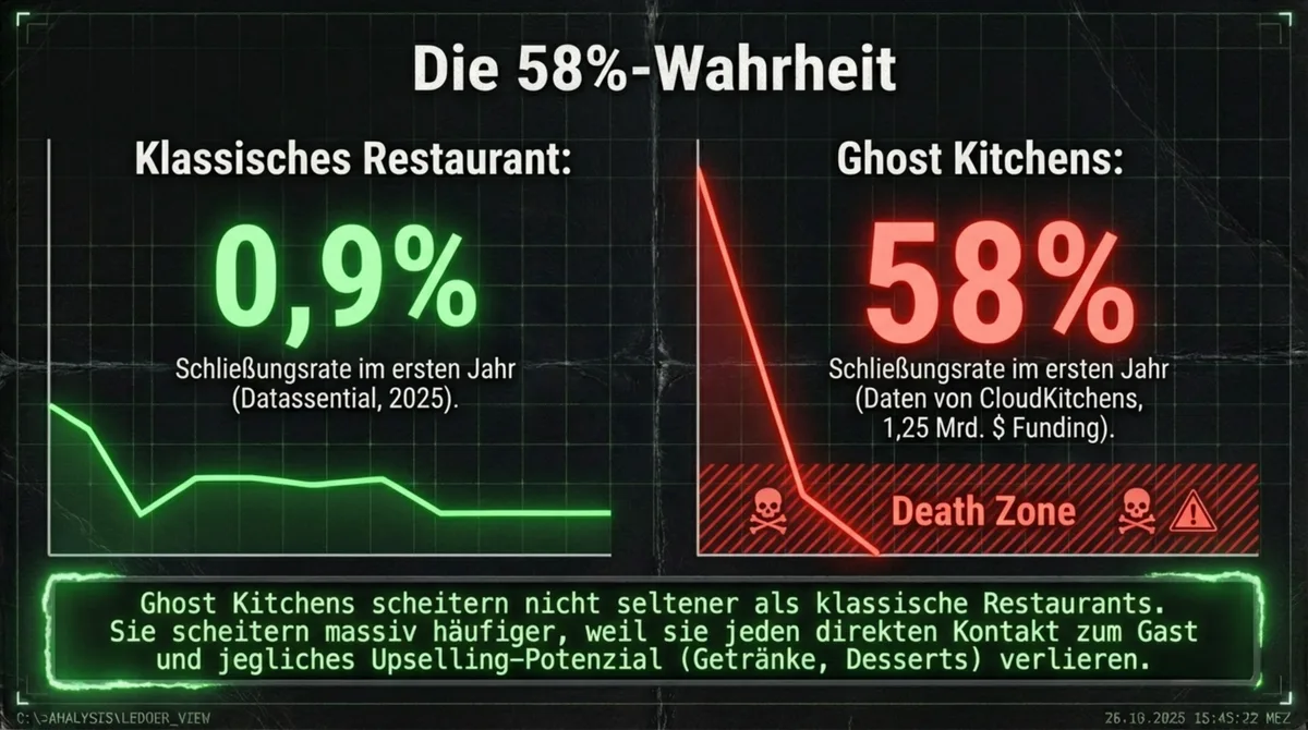 Ghost Kitchen Schließungsrate 58 Prozent im ersten Jahr verglichen mit 0,9 Prozent bei klassischen Restaurants – Daten CloudKitchens und Datassential 2025