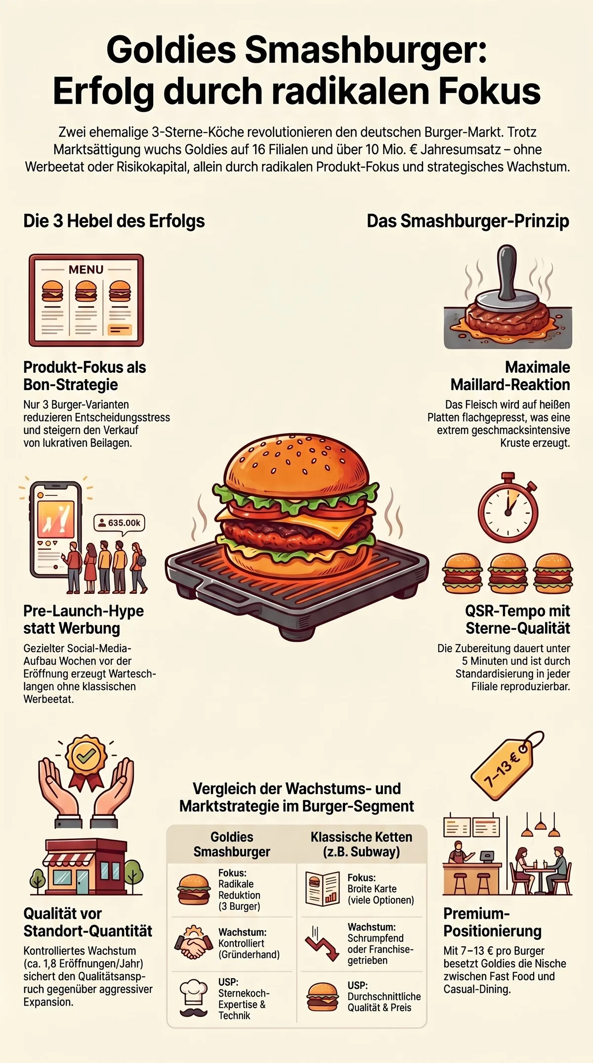 Goldies Smashburger Erfolg durch radikalen Fokus: Die drei Hebel des Erfolgs, das Smashburger-Prinzip und der strategische Vergleich mit klassischen Restaurantketten im Überblick