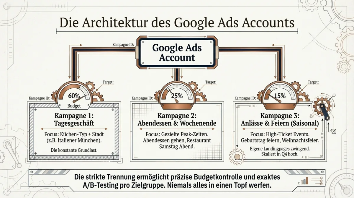 Google Ads Account-Struktur für Restaurants: Trennung in Tagesgeschäft, Abendessen und Anlass-Kampagnen für maximale Kontrolle