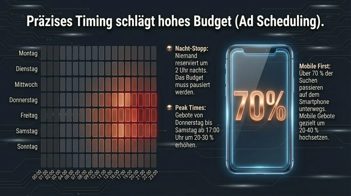 Ad Scheduling Heatmap für Restaurants: Beste Werbezeiten Donnerstag bis Samstag ab 17 Uhr, Budget-Verteilung nach Tageszeit und Wochentag
