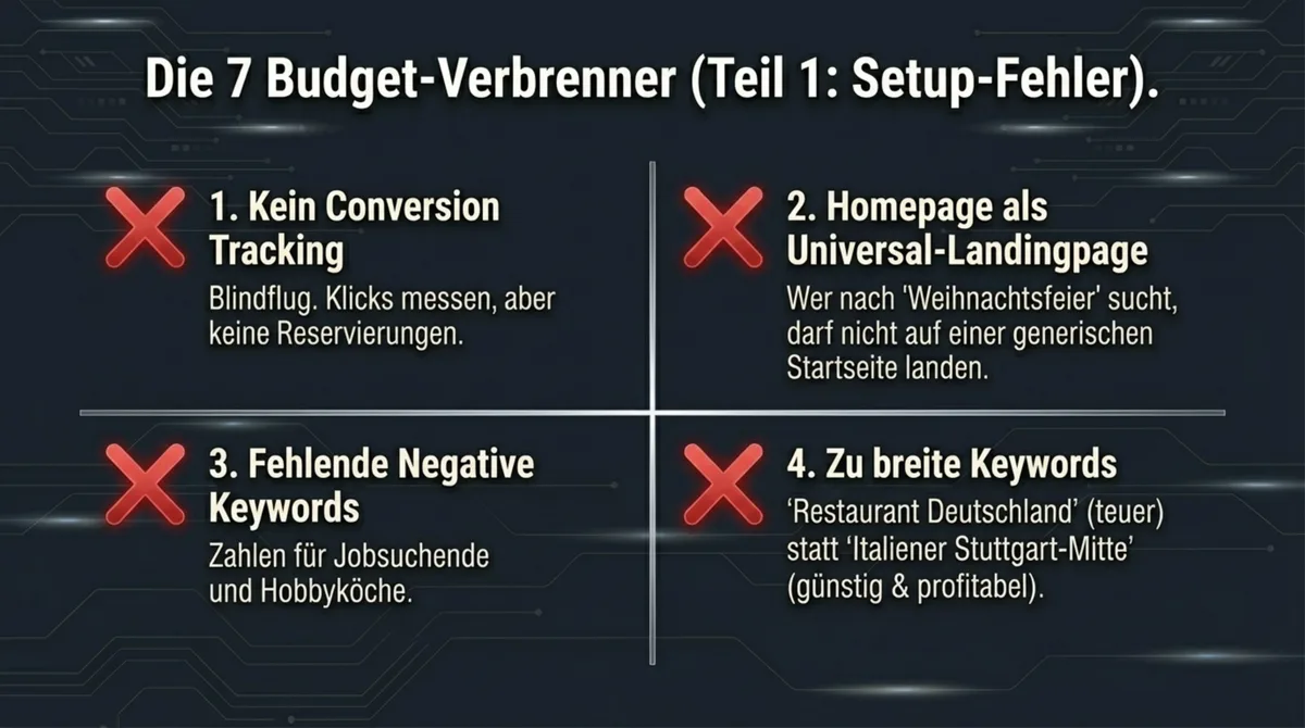 Die 7 häufigsten Google Ads Budget-Verbrenner für Restaurants: Setup-Fehler wie fehlendes Conversion Tracking und falsche Landing Pages