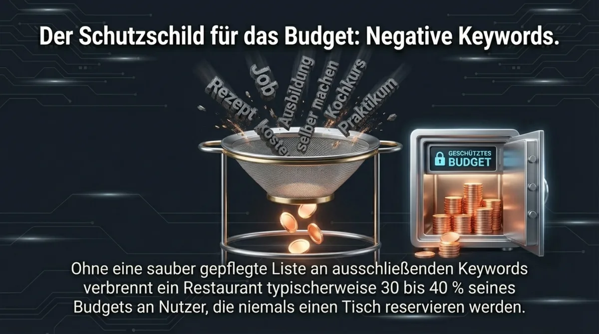 Negative Keywords als Schutzschild für das Restaurant-Google-Ads-Budget: Ohne saubere Negativ-Liste verbrennen 30–40 Prozent des Budgets