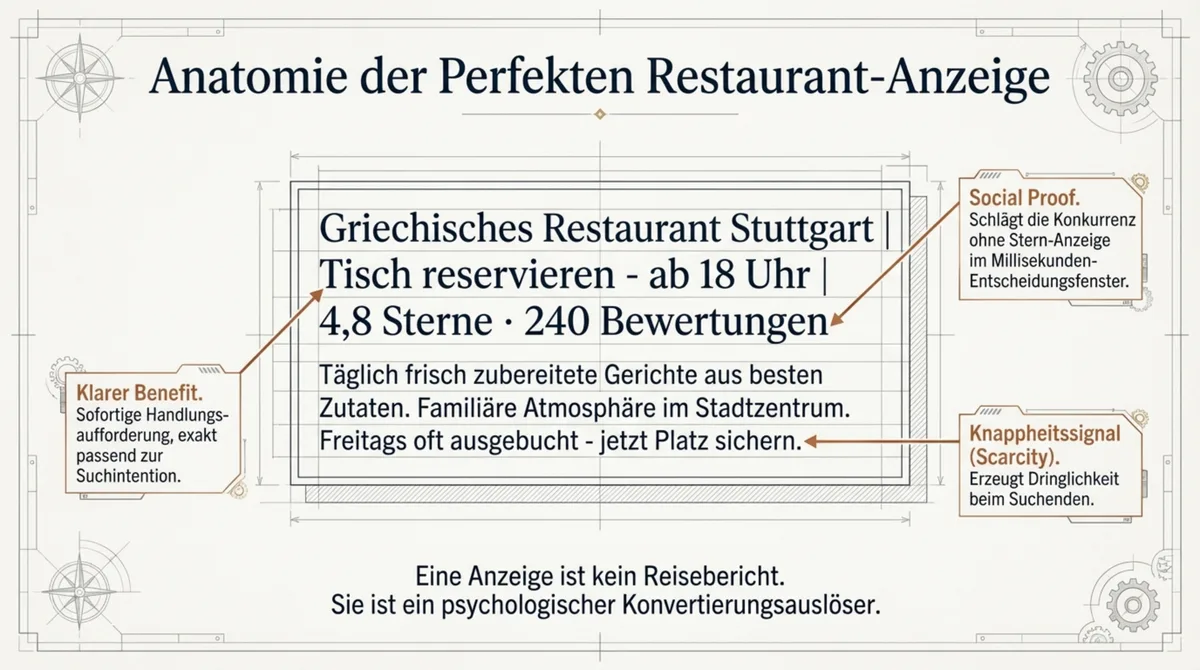 Anatomie der perfekten Restaurant-Google-Anzeige: Headline, Sitelinks, Standort, Bewertungen und Preiserweiterung im Zusammenspiel