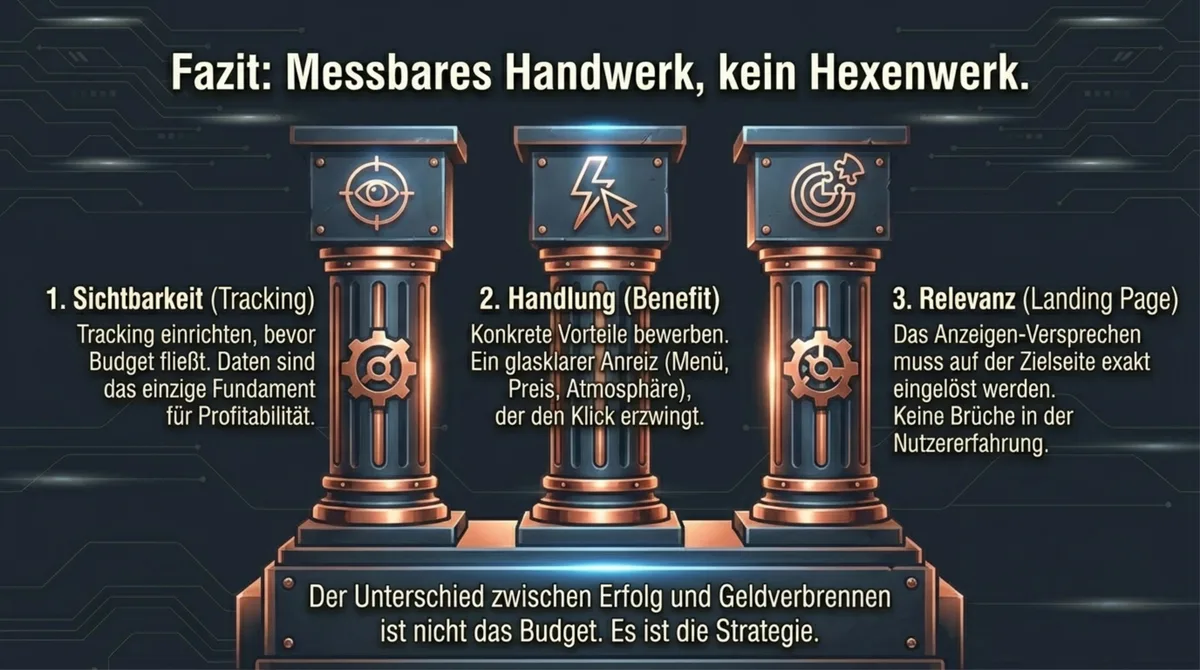 Google Ads Fazit für Restaurants: Messbares Handwerk statt Hexenwerk – die 3 Säulen Tracking, Texte und Landing Pages entscheiden