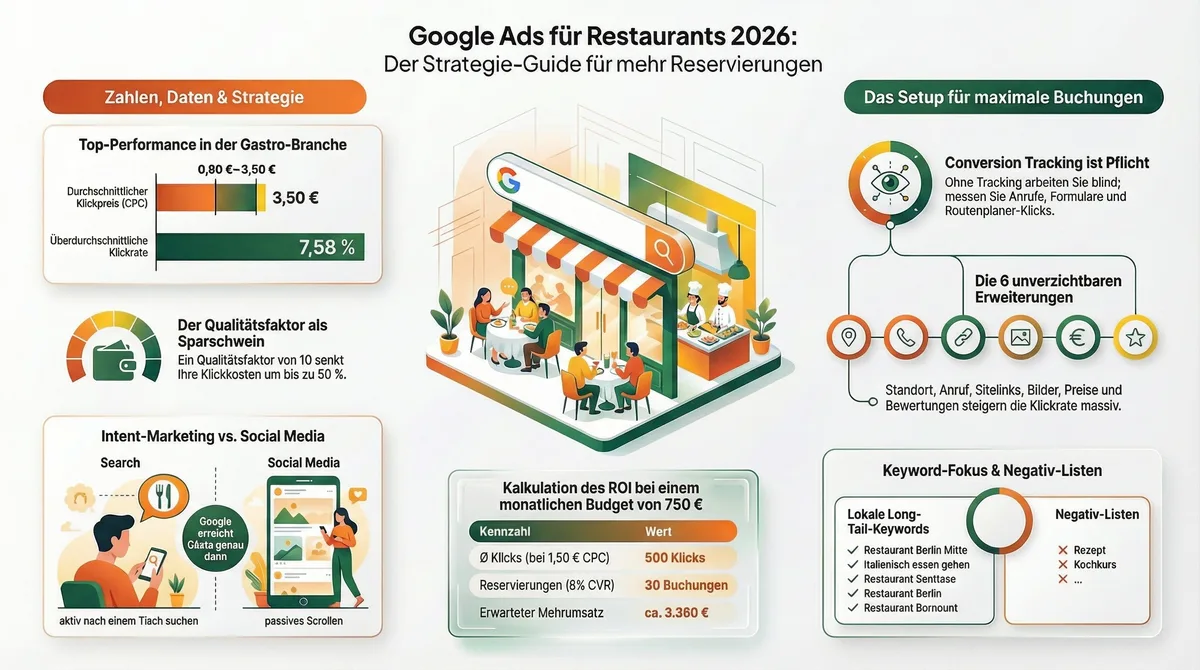 Google Ads Strategie-Guide für Restaurants 2026: Alle Kennzahlen, Intent-Marketing, Keyword-Fokus und Setup für maximale Buchungen