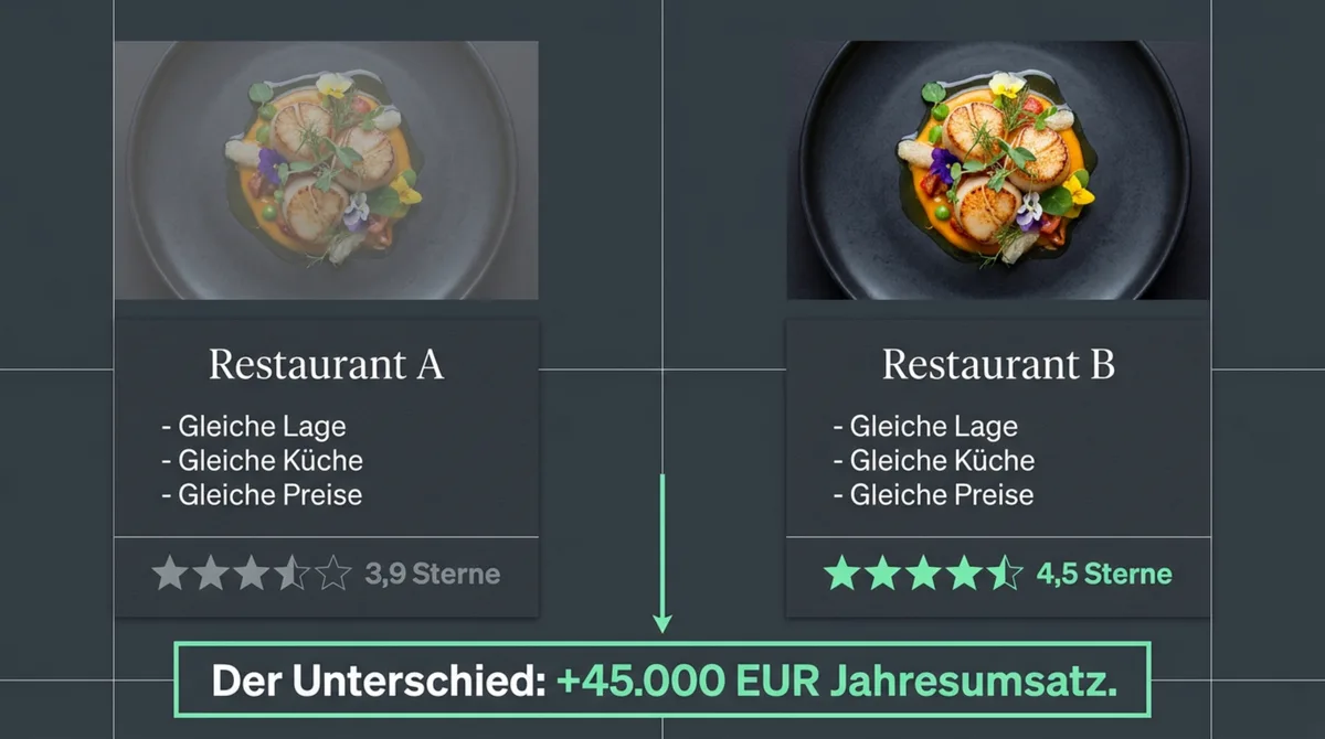 Zwei Restaurants im Vergleich: 3,9 vs. 4,5 Sterne – der Unterschied beträgt 45.000 EUR Jahresumsatz