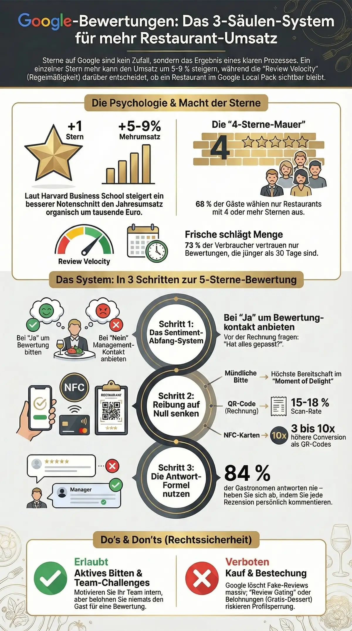 Google Bewertungen Restaurant Infografik: Das 3-Säulen-System mit Harvard-Studie, Moment of Delight, NFC-Karten, Sentiment-Abfang und Antwort-Formeln