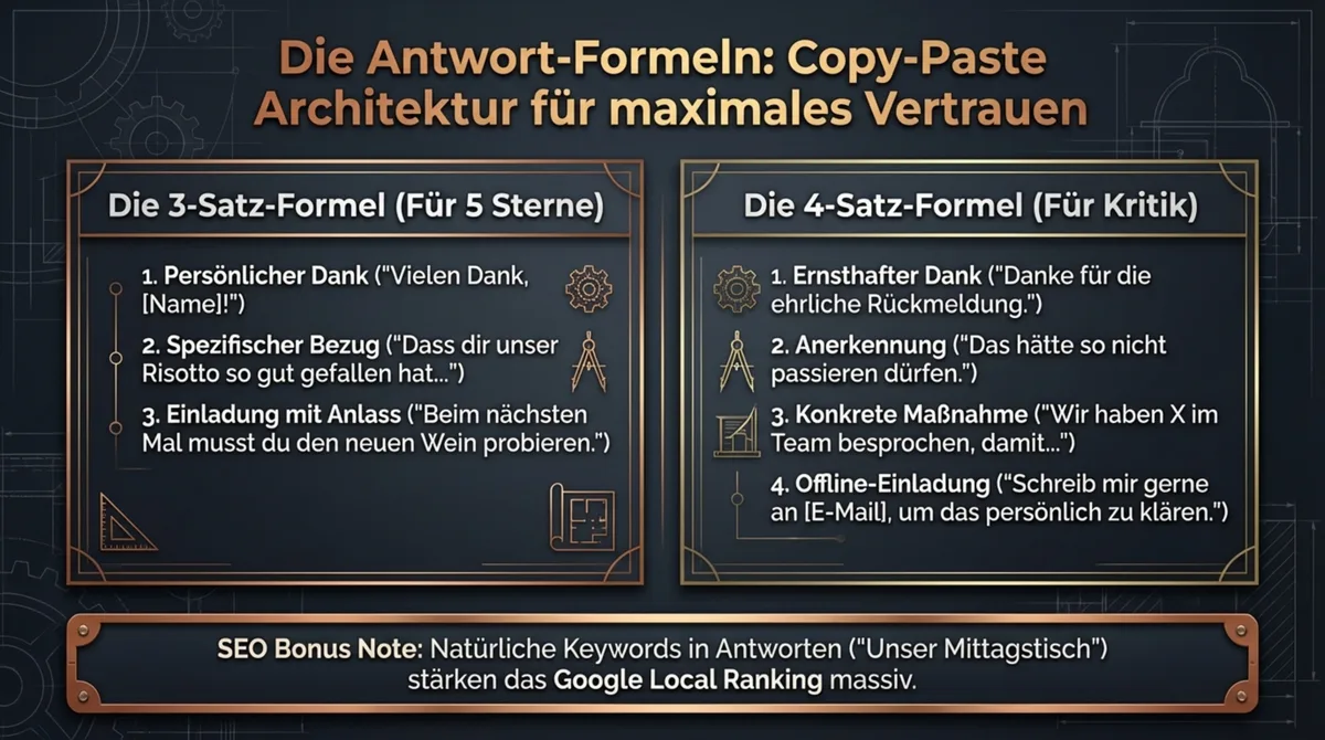 Antwort-Formeln für Google Bewertungen: 3-Satz-Formel für 5-Sterne-Reviews und 4-Satz-Formel für negative Kritik mit SEO-Bonus
