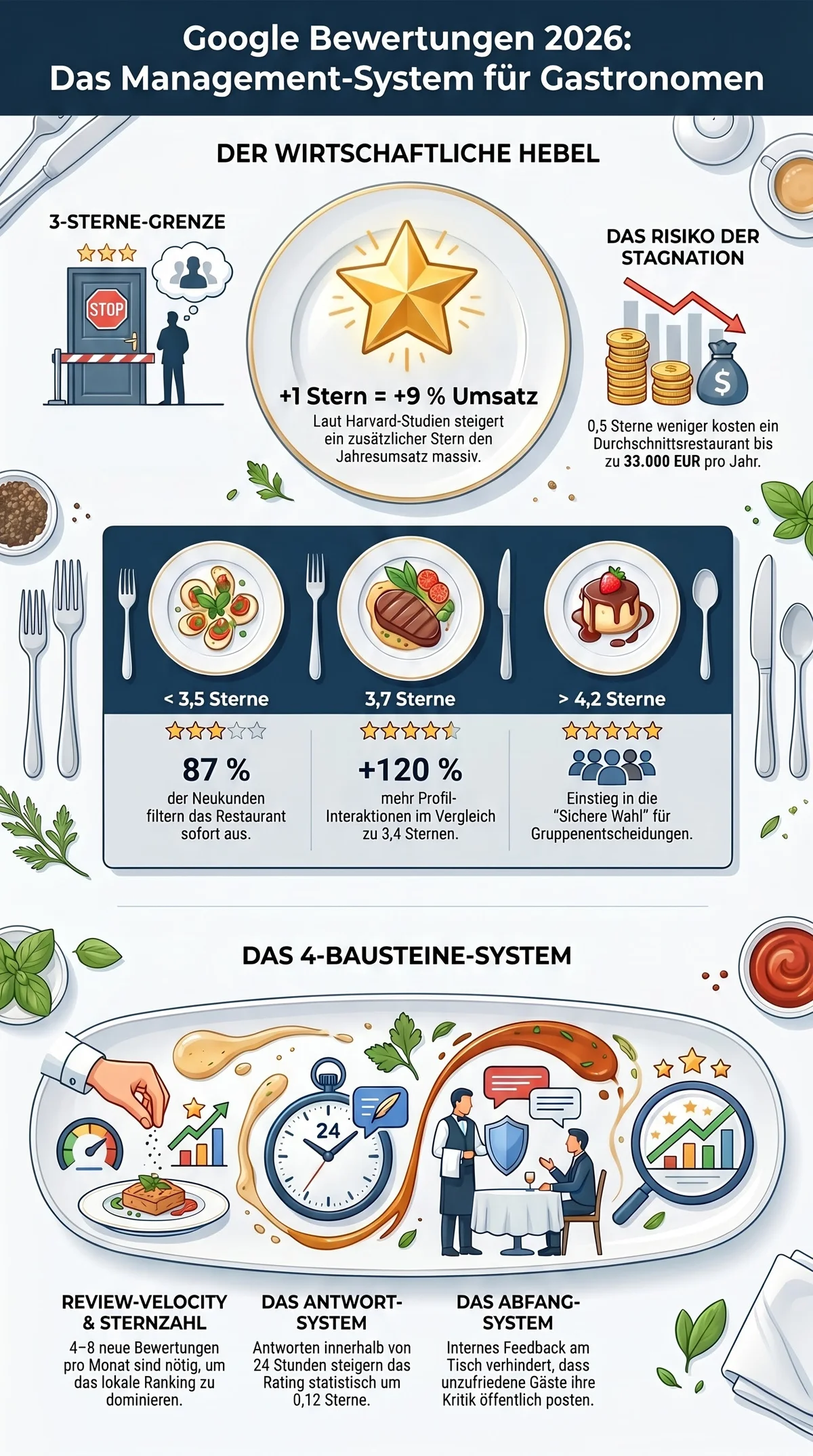 Google Bewertungen 2026 Infografik: Komplettes Management-System für Gastronomen mit wirtschaftlichem Hebel, Sternzahl-Schwellen und 4-Bausteine-System