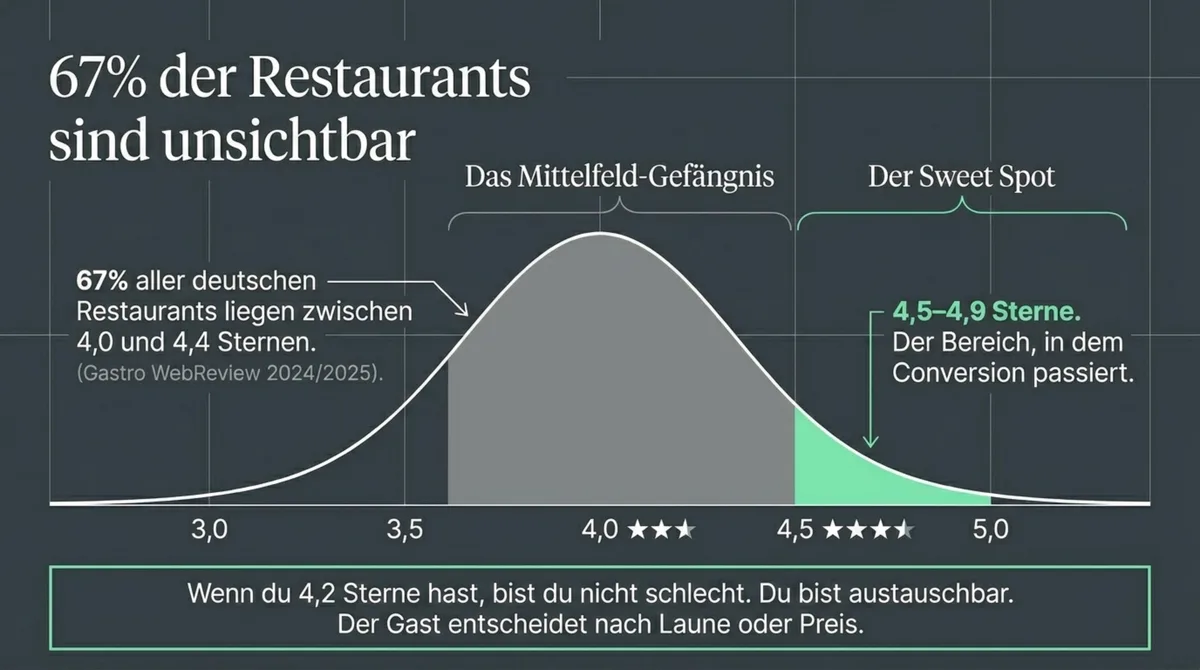 67% aller deutschen Restaurants stecken im Mittelfeld zwischen 4,0 und 4,4 Sternen – Verteilungsgrafik
