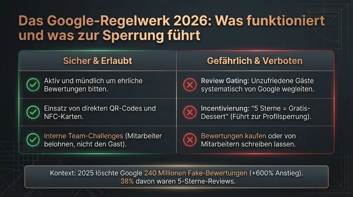 Google Bewertungen Regelwerk 2026: Was erlaubt ist und was zur Profilsperrung führt – QR-Codes, NFC und Team-Challenges vs. Review Gating und Incentivierung