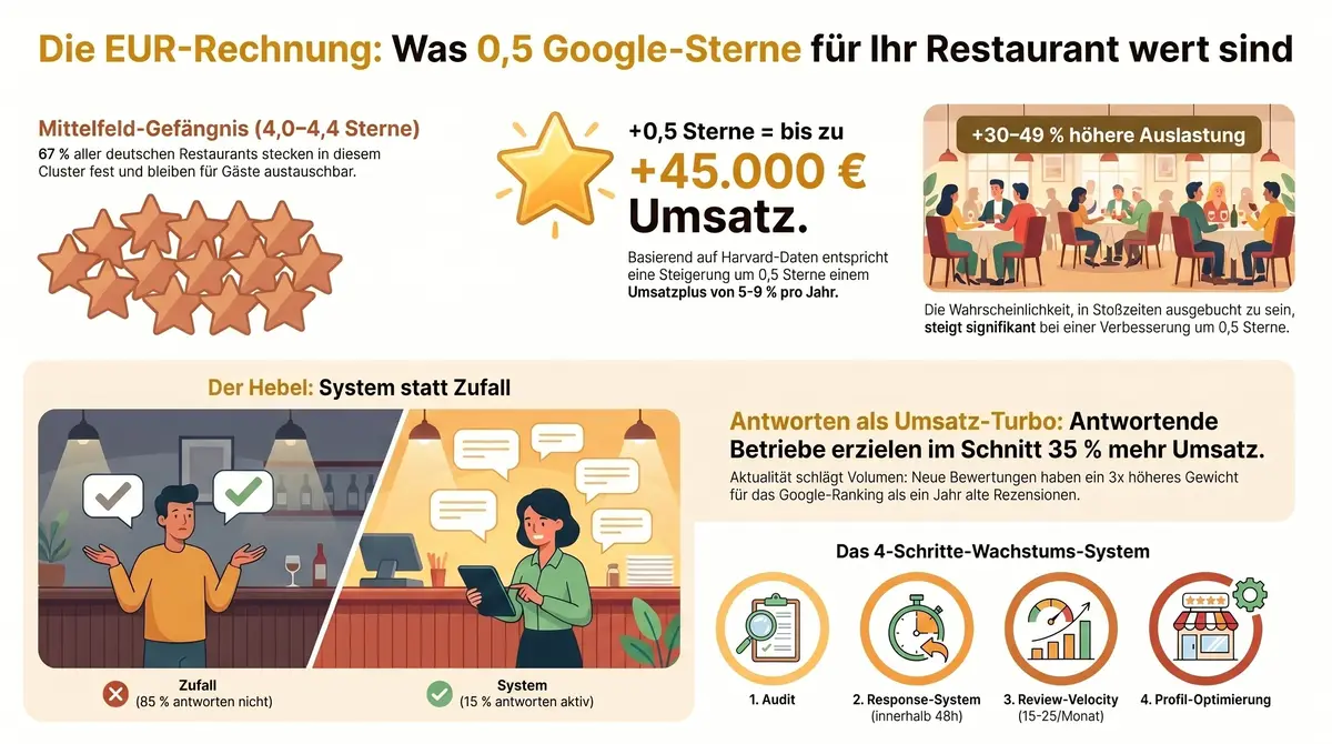 EUR-Rechnung: Was 0,5 Google-Sterne für dein Restaurant wert sind – Infografik mit Harvard-Daten und 4-Schritte-System
