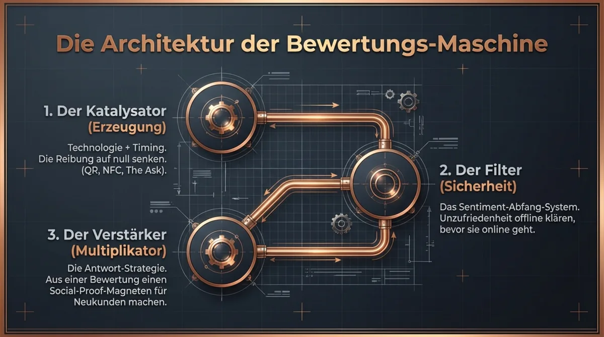 Architektur der Bewertungs-Maschine: Katalysator (QR, NFC, Timing), Filter (Sentiment-Abfang) und Verstärker (Antwort-Strategie)