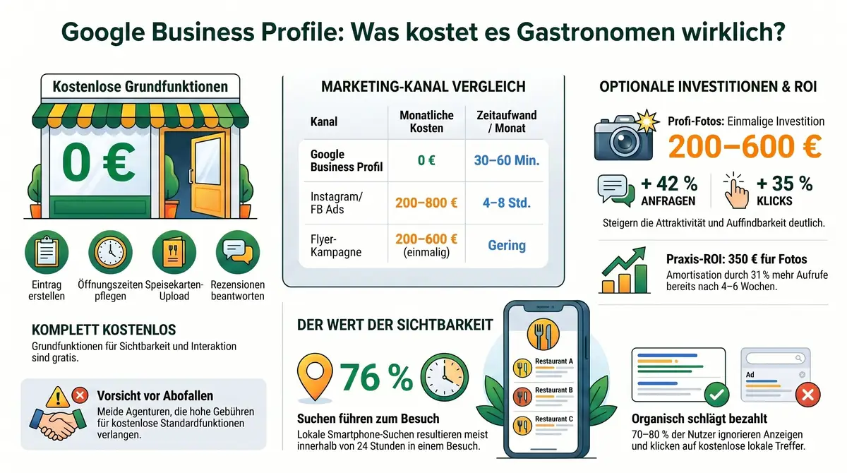 Google Business Profil Kosten Infografik: Vergleich mit Google Ads, Instagram Ads und Flyer-Kampagne