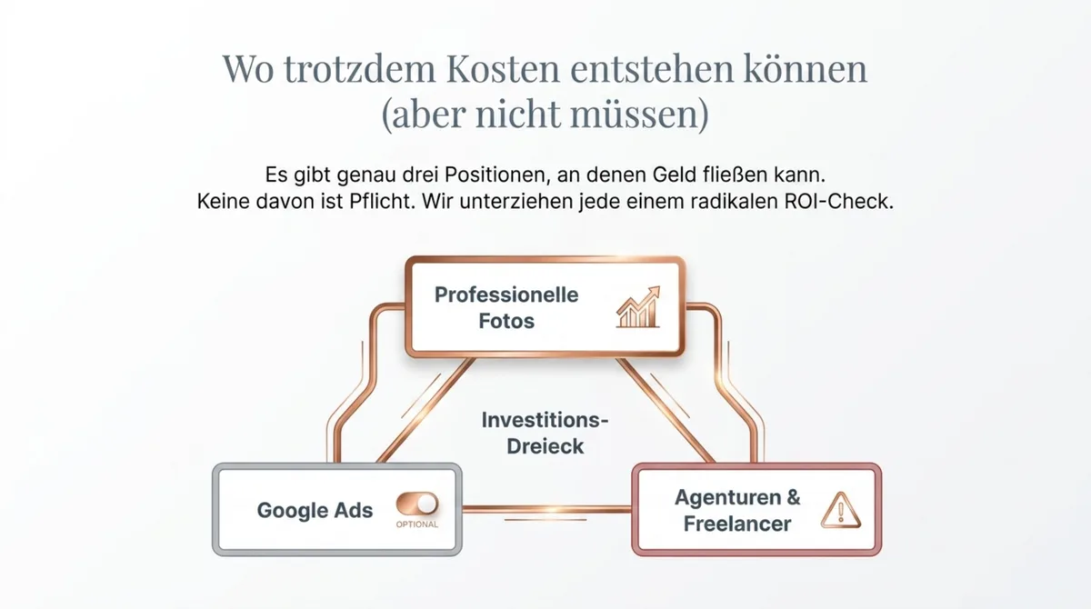 Google Business Kosten: Investitions-Dreieck aus professionellen Fotos, Google Ads und Agentur
