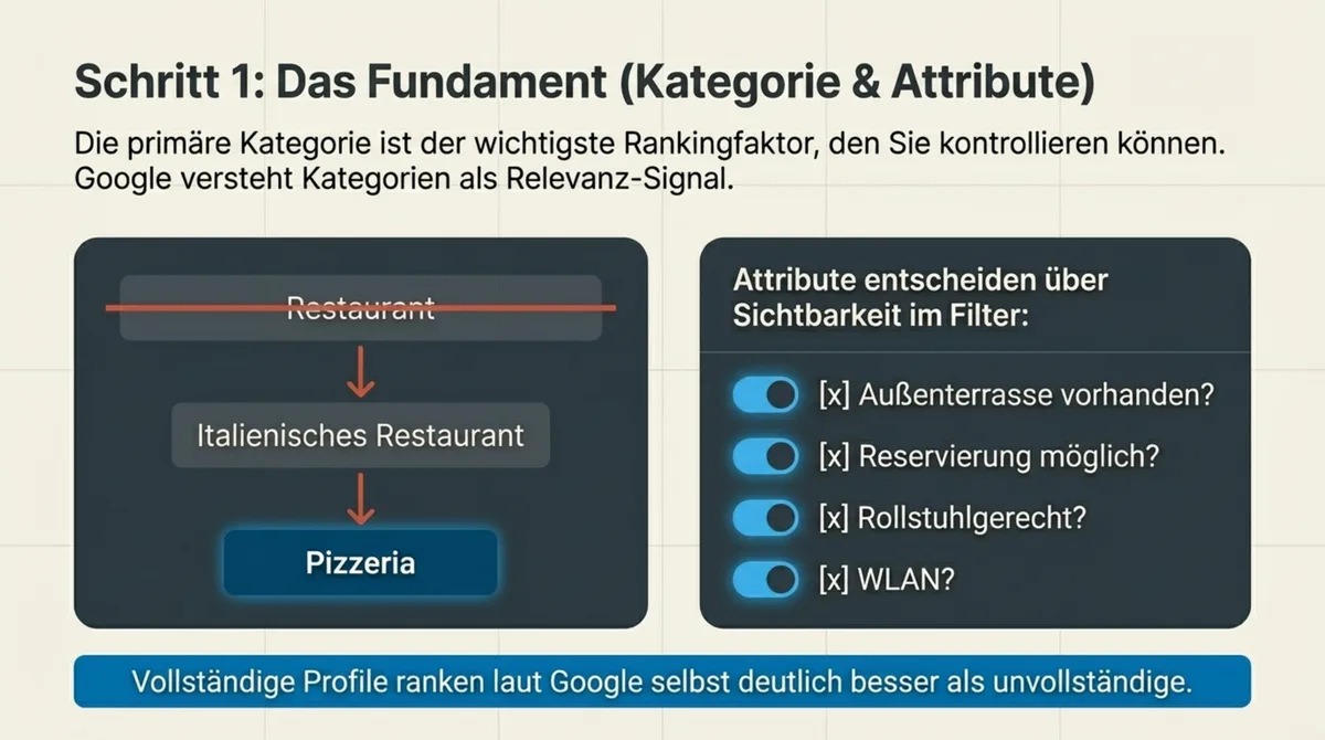 Google Business Profil Kategorie und Attribute Restaurant: Präzise Kategorisierung von Restaurant zu Pizzeria verbessert das Ranking