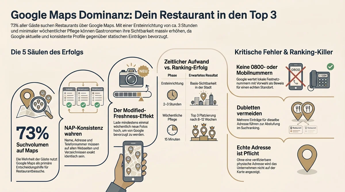 Google Maps Dominanz für Restaurants – 73% der Gäste suchen via Maps, die 5 Säulen für Top-3-Ranking