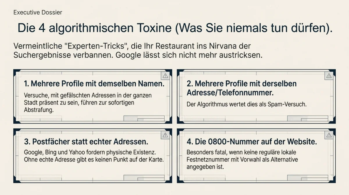 Google Maps Ranking-Fehler Restaurant: Die 4 Toxine die dein lokales Ranking zerstören – Postfach-Adressen, Dubletten, 0800-Nummern