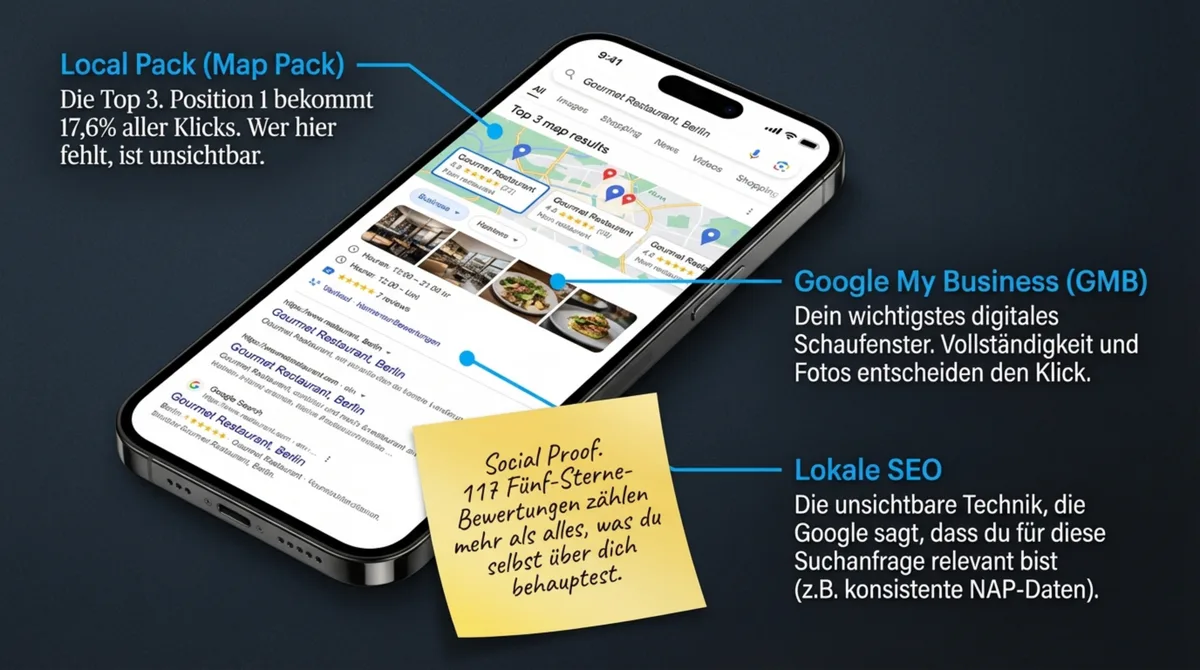 Google My Business Local Pack Restaurant: Smartphone zeigt Map Pack mit GMB-Profil und lokaler SEO Erklärung