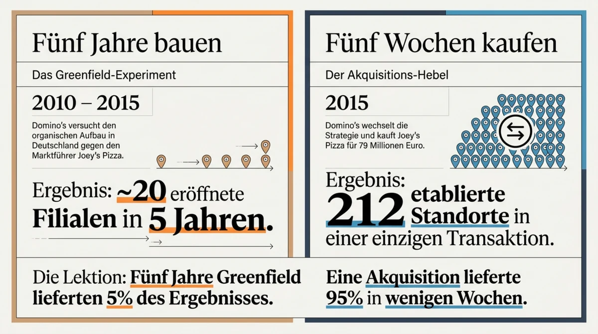 Fünf Jahre Greenfield lieferten 5 Prozent des Ergebnisses, eine Akquisition 95 Prozent: Domino's 20 Stores vs. Joey's 212 Stores im DACH-Markteintritt