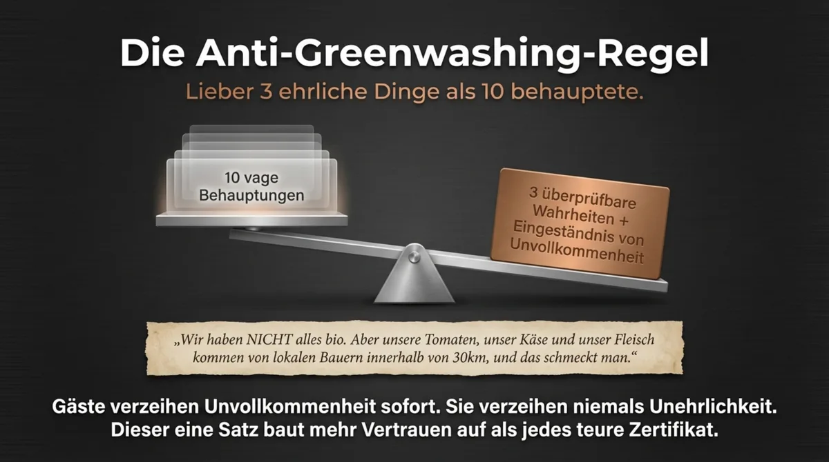 Anti-Greenwashing Regel für Restaurants – lieber 3 ehrliche Aussagen als 10 vage Behauptungen für nachhaltiges Marketing