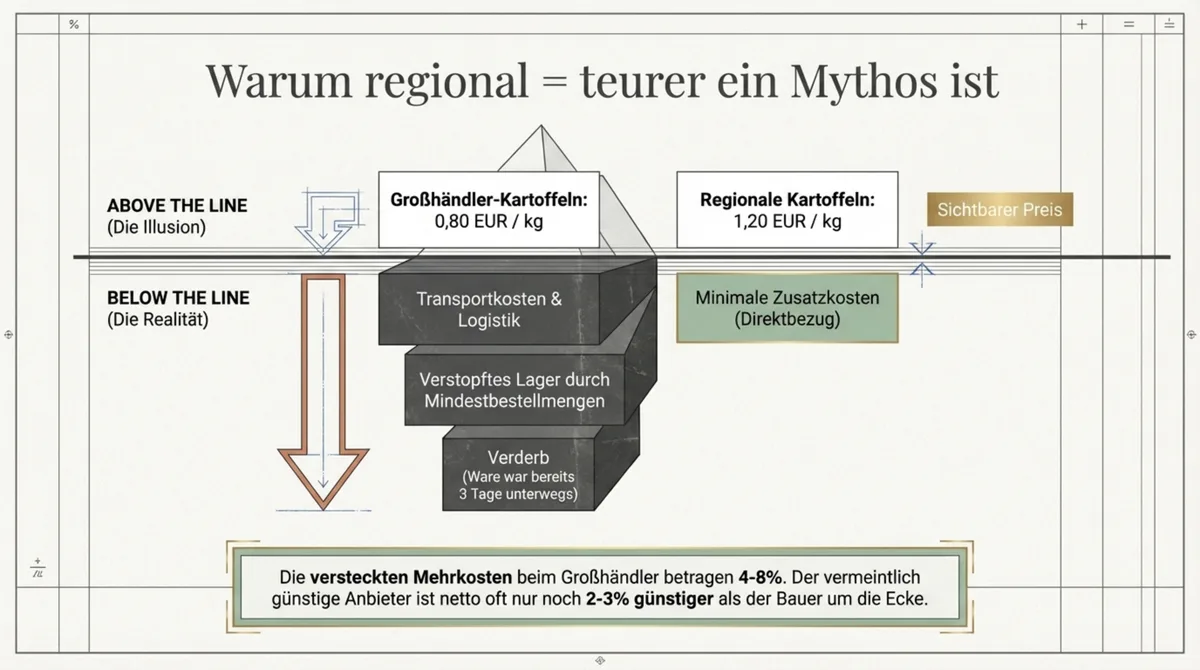 Vergleich Großhändler vs. regionaler Lieferant: Eisberg mit versteckten Mehrkosten von 4-8% beim Großhändler