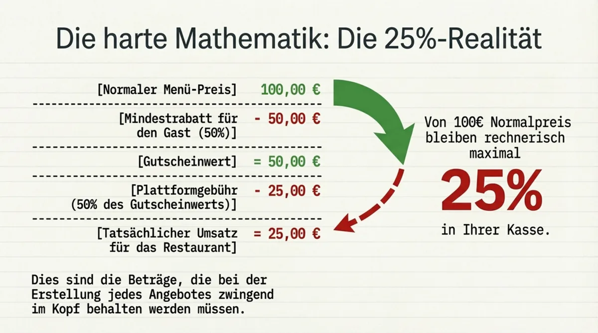 Groupon Deal Gastronomie: Die 25%-Marge-Realität – von 100 Euro Normalpreis bleiben maximal 25 Euro beim Restaurant