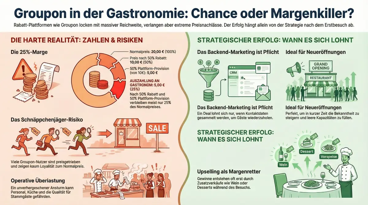 Groupon in der Gastronomie Infografik: Chance oder Margenkiller – Die 25%-Marge, Schnäppchenjäger-Risiko, Backend-Marketing und wann sich ein Deal lohnt