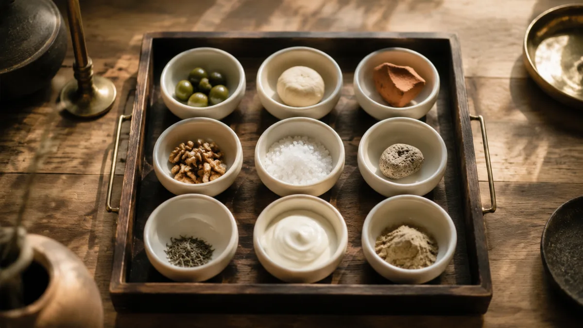 Neun kleine Schalen in Drei-mal-drei-Raster auf Walnussholz visualisieren das Gustoso-Portfolio aus neun Restaurantkonzepten