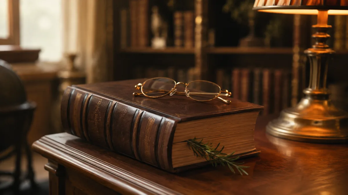 Geschlossenes Lederbuch und Lesebrille auf Walnussschreibtisch symbolisieren Antworten auf häufige Fragen zur Gustoso Gruppe