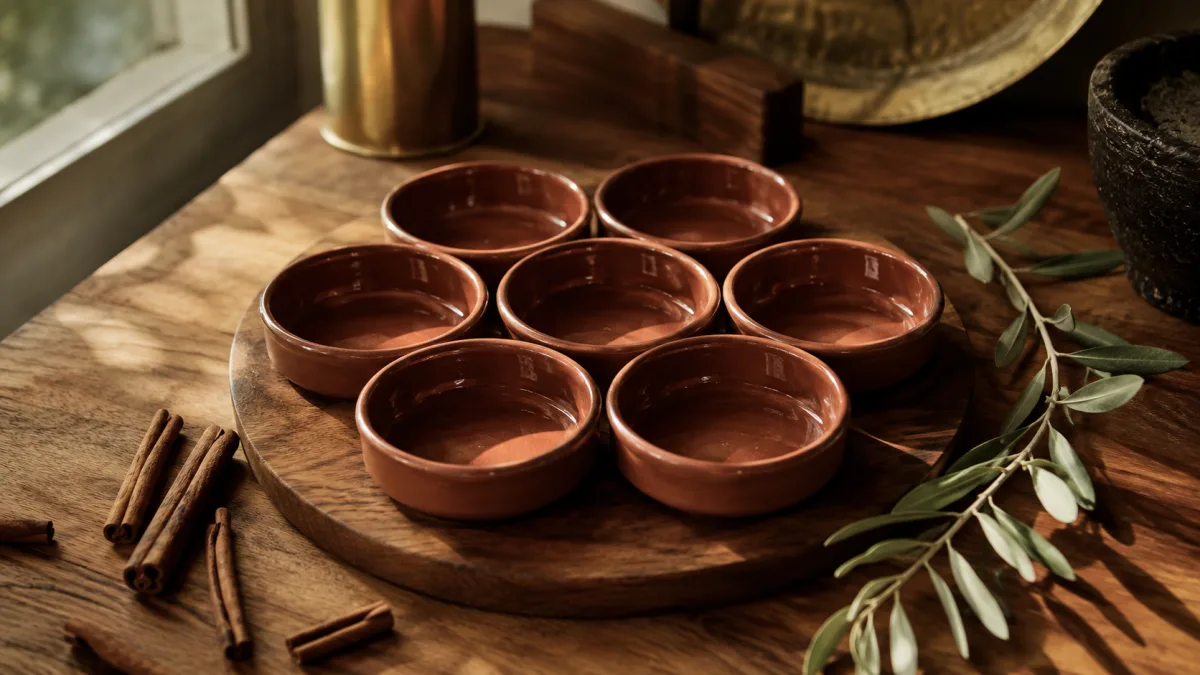 Sieben kleine Terrakotta-Tapas-Schalen auf Walnussbrett symbolisieren das niederländische Tapas-Konzept im Portfolio