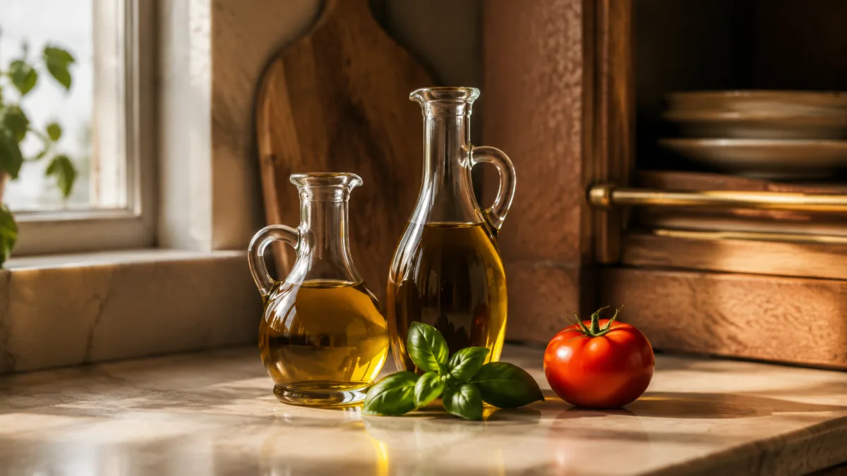 Zwei unterschiedliche Olivenöl-Karaffen auf Marmor symbolisieren die italienische Doppelstrategie im Gustoso-Portfolio